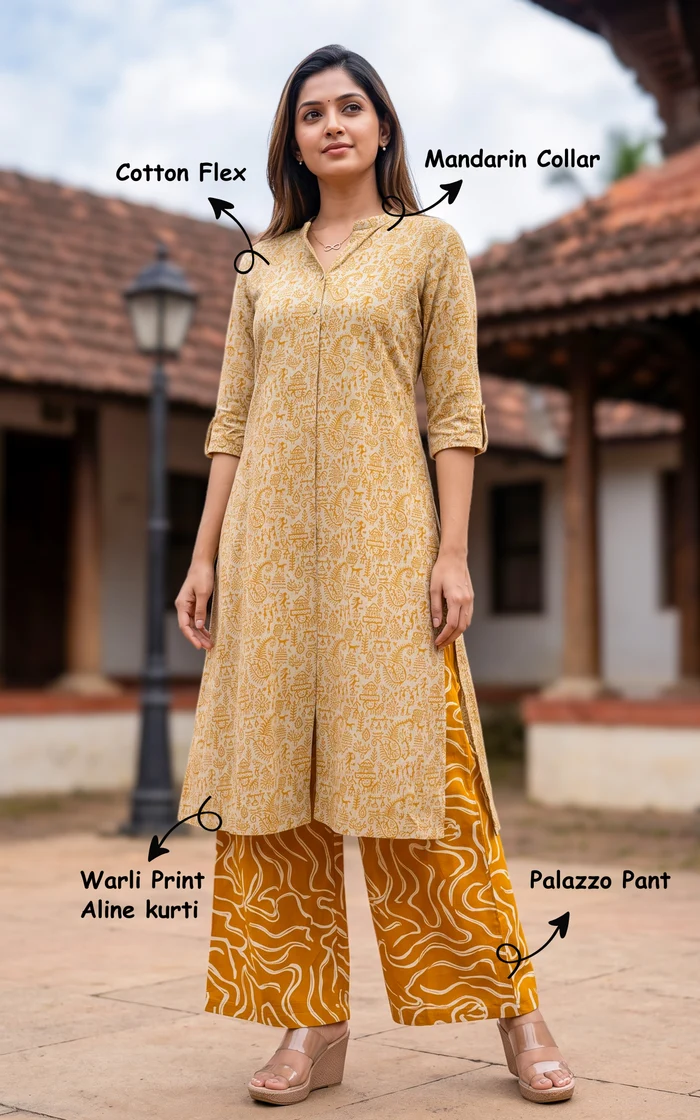 Mustard with Beige Mandarin Collar Aline Kurti set